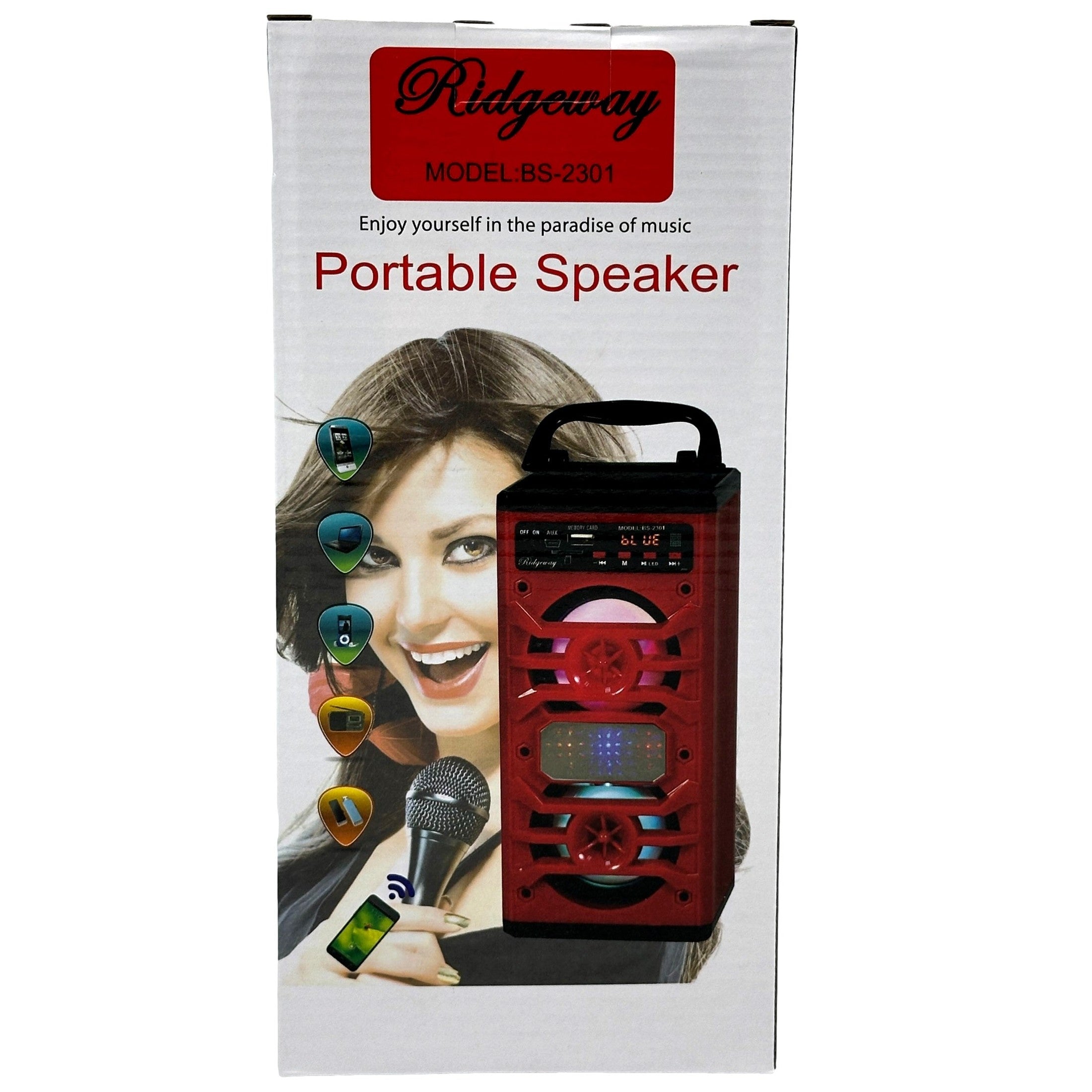 A box for a "Ridgeway" portable speaker featuring a woman holding a microphone.